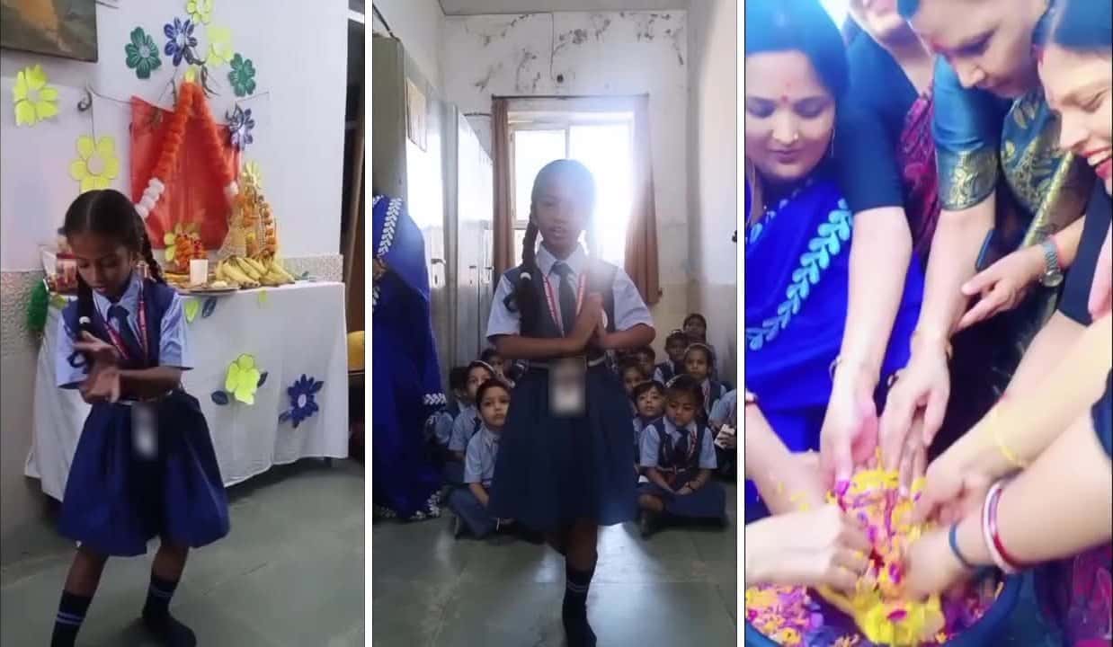 Three moments from the school's Ganesh Chaturthi: a girl dancing before the decorated idol, a student with classmates seated behind her, and hands placing flowers in a tub of water
