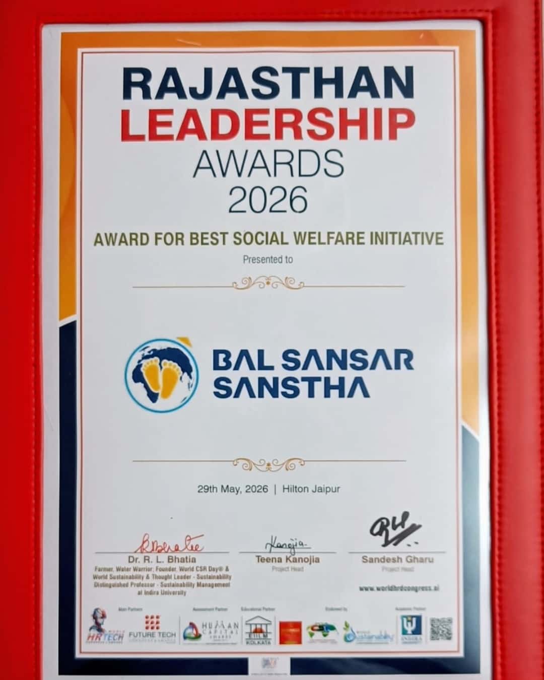 Rajasthan Leadership Award 2026 — Best Social Welfare Initiative, presented to Bal Sansar Sanstha